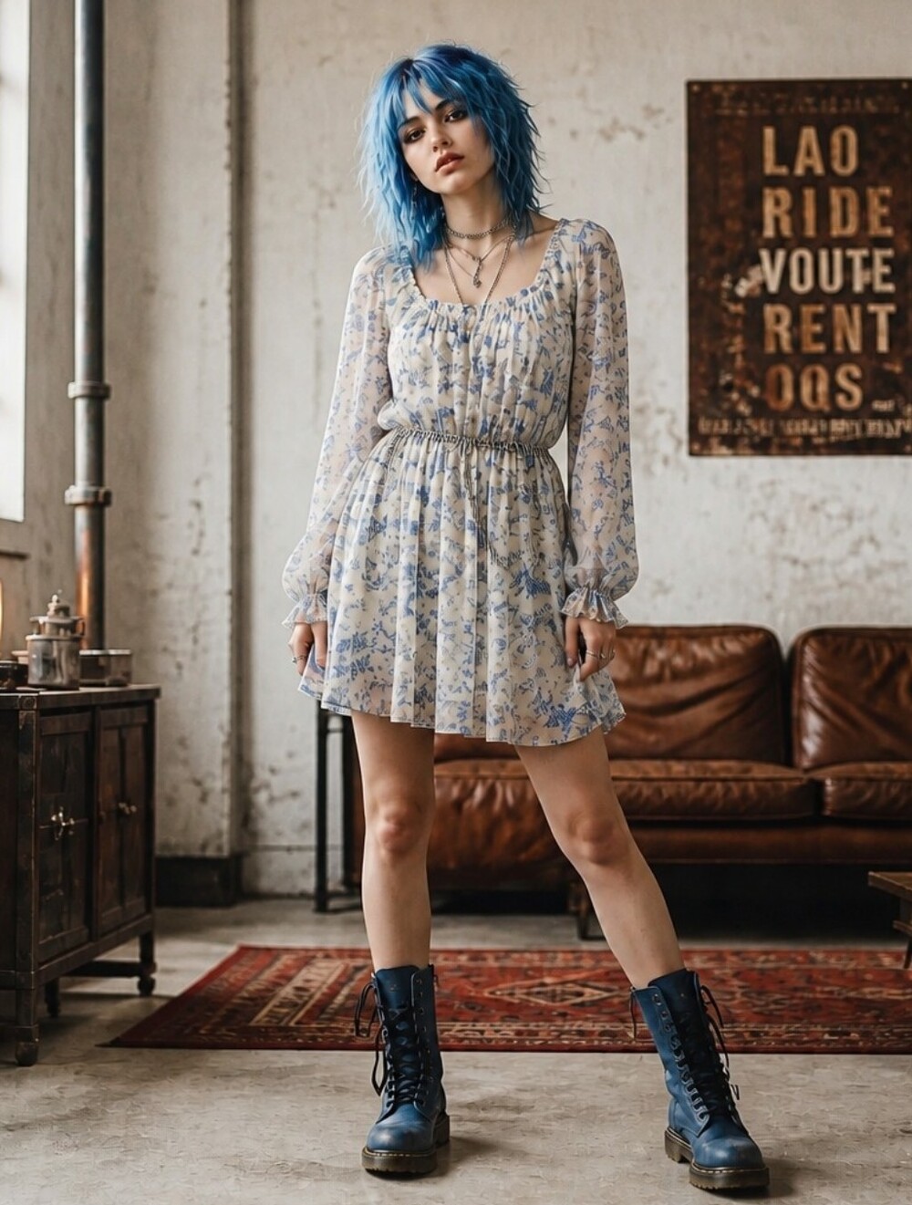 Wallflower Cream Mini Dress with Pale Blue Floral Print
